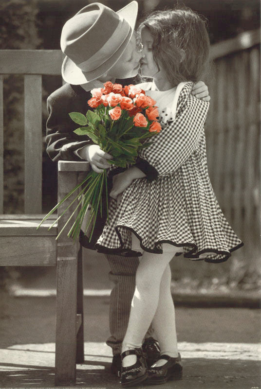 ART-boy & girl kissing B&W with pink roses - POSTER LW18R